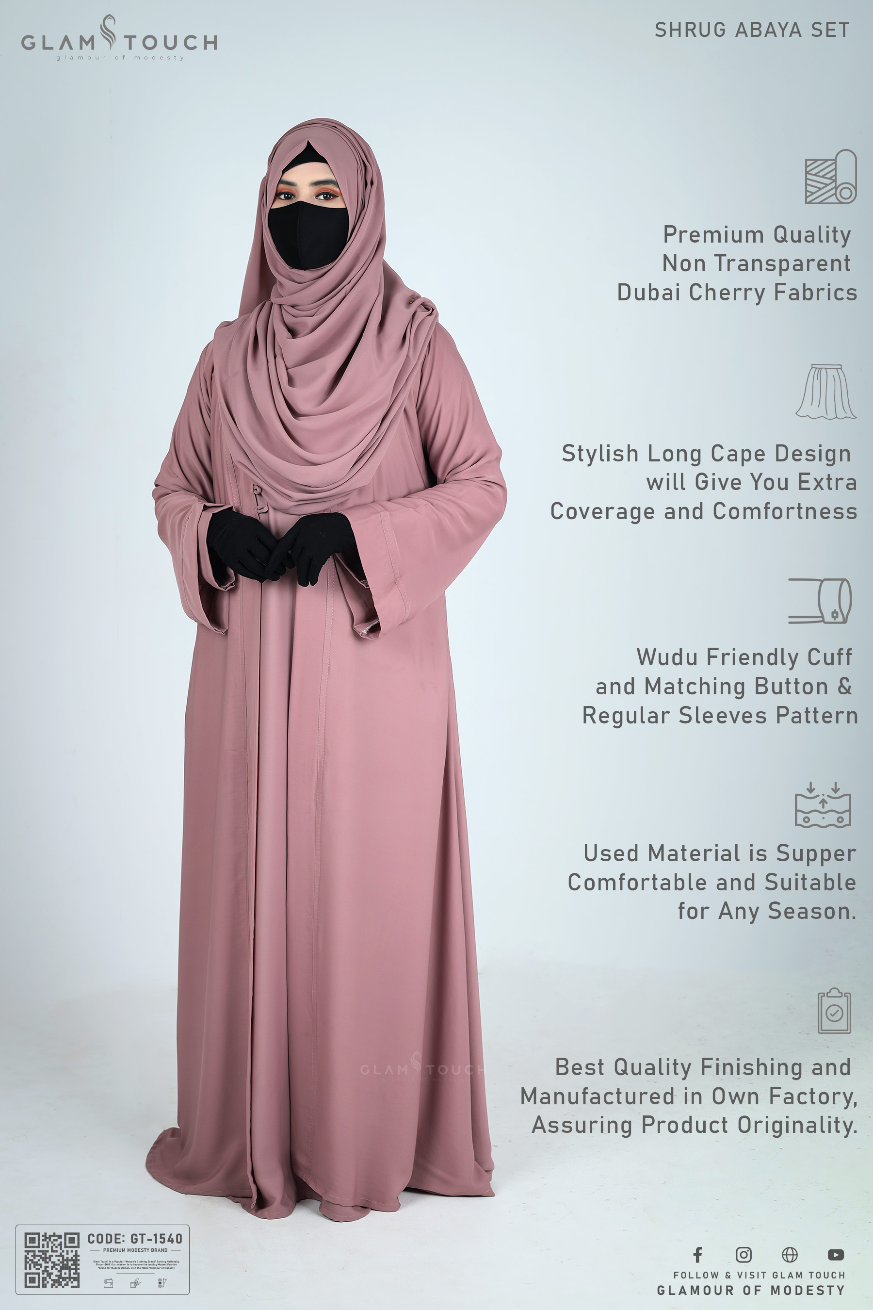 Glam Touch High Quality Solid SHRUG ABAYA SET(Gown + Koti/Kimono + Matching Hijab) Made With Premium Dubai Cherry Fabric for Muslim Women. 