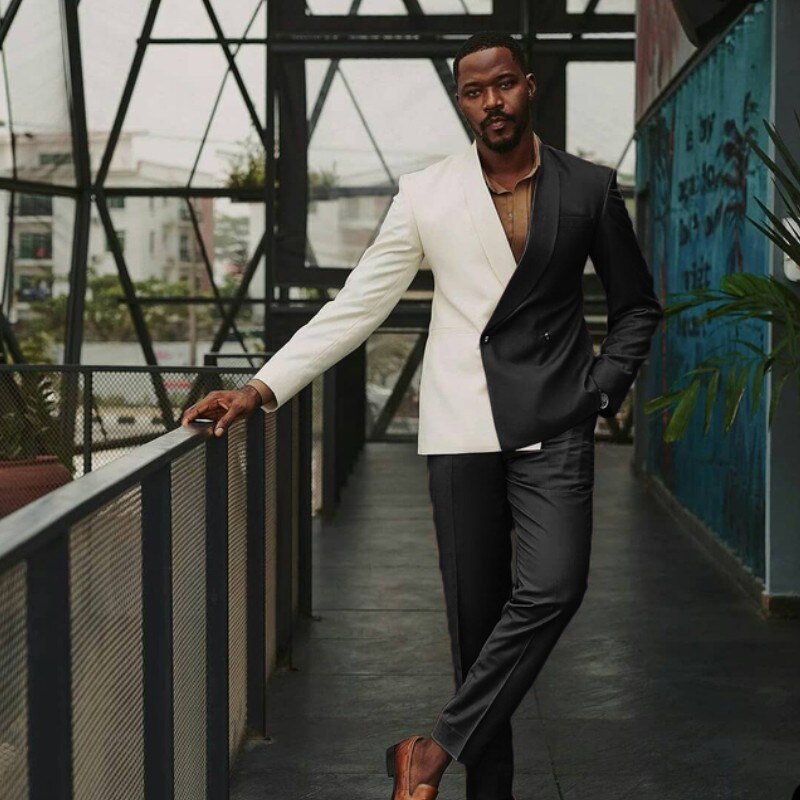 New Patchwork Men Suits 2 Pcs Double Breasted Man Blazer Sets Tuxedos Color Matching Prom Party Suit trajes de hombre Coat+Pant. 