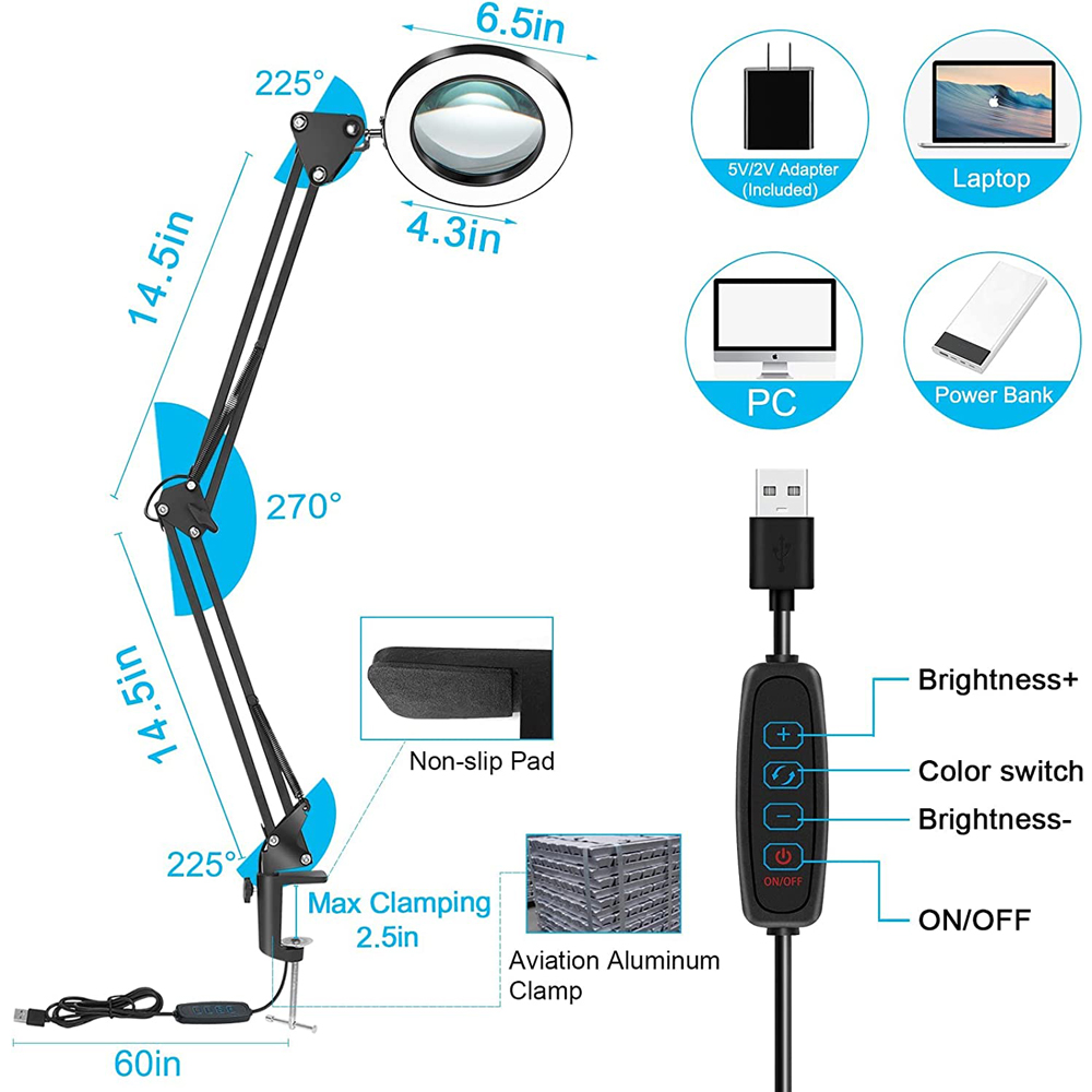 5X Magnifying Glass with Light 2-in-1 LED Lighted Magnifier 3 Color Modes Stepless Dimmable Hands Free Magnifying Desk Lamp. 