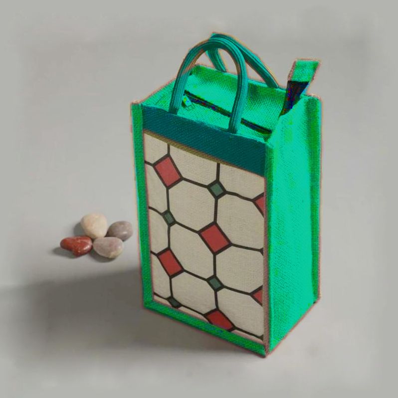 Eco friendly jute lunch box bag with cutomised design and reusable fabrics. 