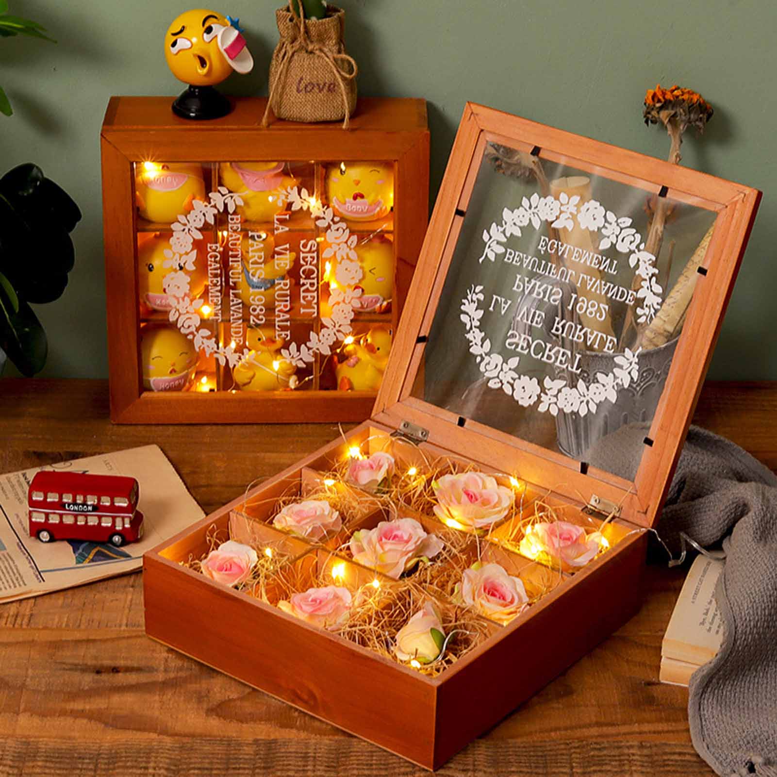Stash Box Multi-grids Large Capacity Wood Storage Chest Treasure Case for Home. 