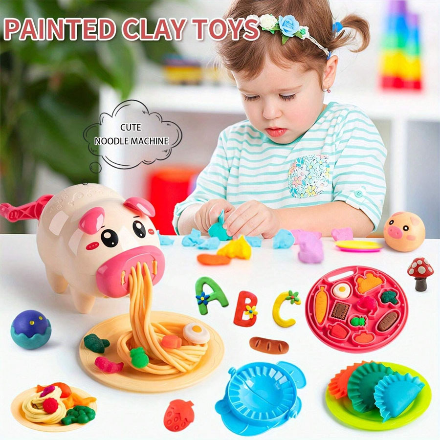 Cartoon Cute Pig Noodle Maker Clay Dough Set, Play Dough Machine Clay Dough Strips Toy Set for Kids. 