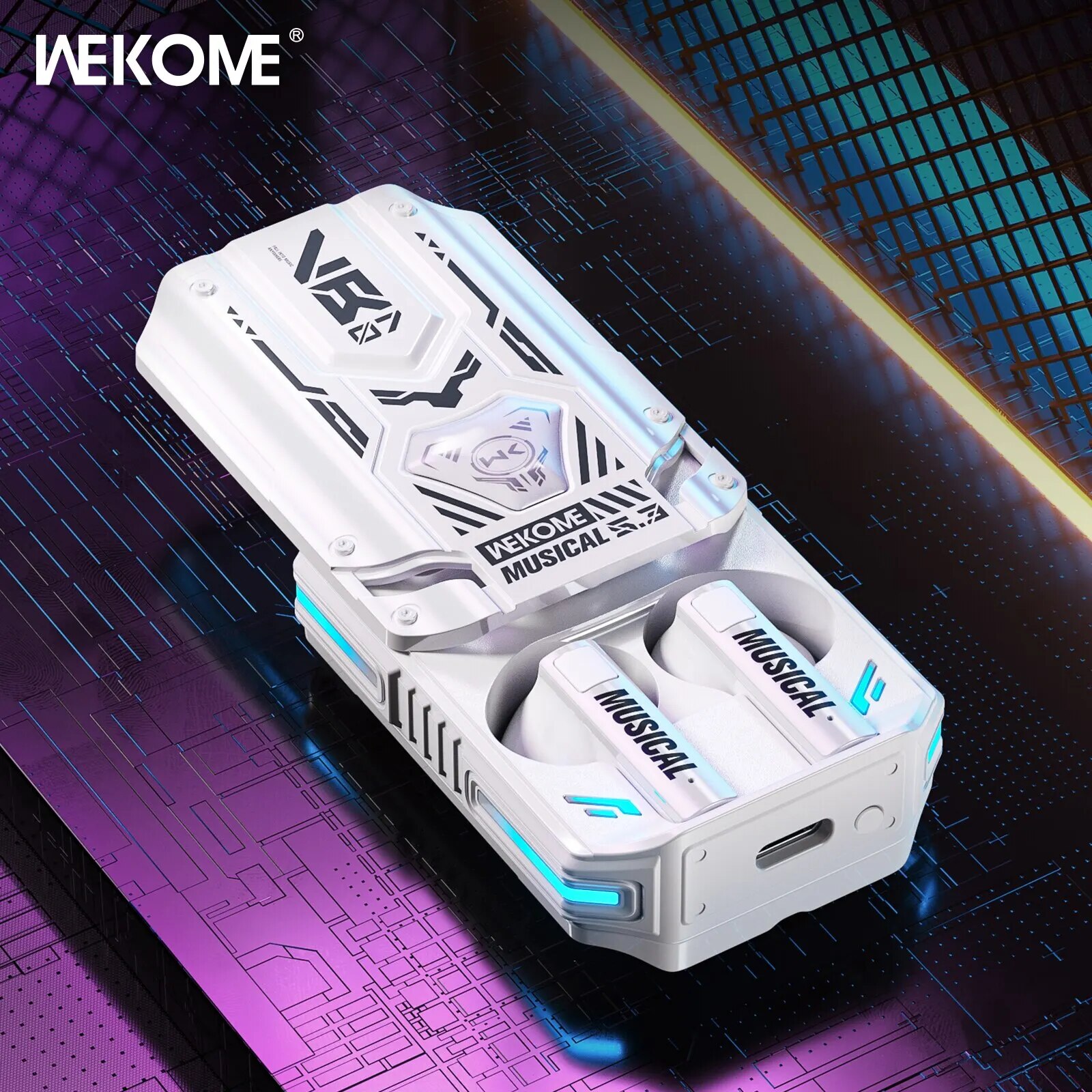 WEKOME Wireless Bluetooth Earbuds Mecha Style Music Earphones, Rail Slider Opening, Low Latency Finger Touch Control for Gamer. 