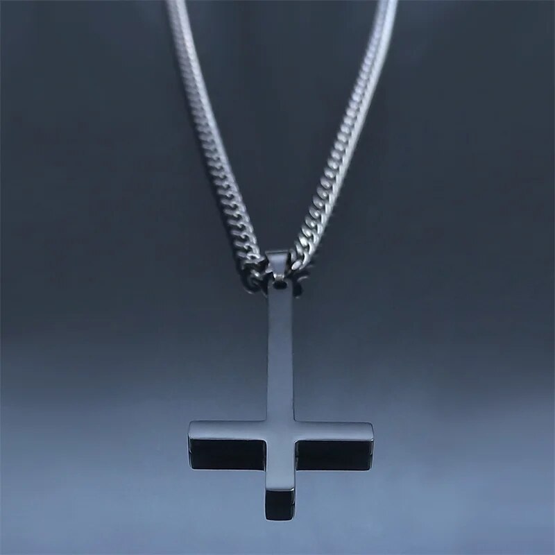 Stainless Steel Gothic Upside Down Cross Necklace Man Black Punk Inverted Cross Men Chains Goth Jewelry collar hombre N8006. 