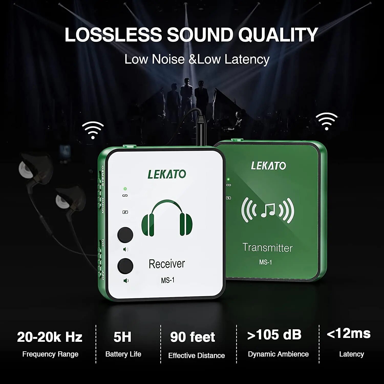 LEKATO Wireless IEM System with Transmitter Receiver Wireless in-Ear Monitor System 2.4Ghz Automatic for Studio Live (MS-1G). 