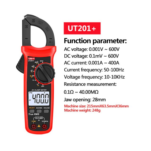 UNI-T UT201+ Digital Clamp Meter 400A True RMS Clamp Meter AC Current Voltage Meter NCV Diode Resistance Clamp Tester UT201+ - Kings Trading. 