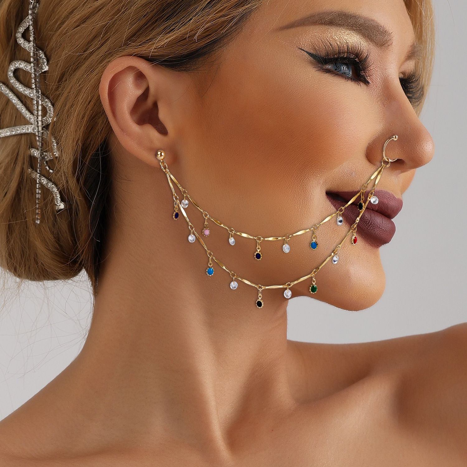 [ New ] Ornament   Ethnic Style Piercing Jewelry Stud Earrings Double Layer Nose Stud   Trendy Cool Devil's Eye Tassel Nose Ring. 