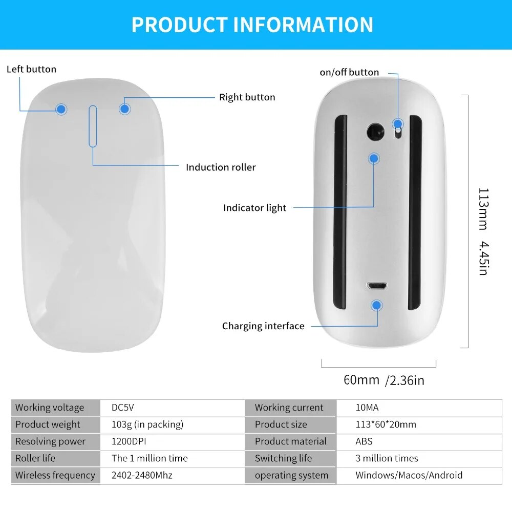 Bluetooth Wireless Mouse Arc Touch Magic Mice Ergonomic Ultra Thin Rechargeable Mouse Optical 1600 DPI Mause For Apple Macbook. 