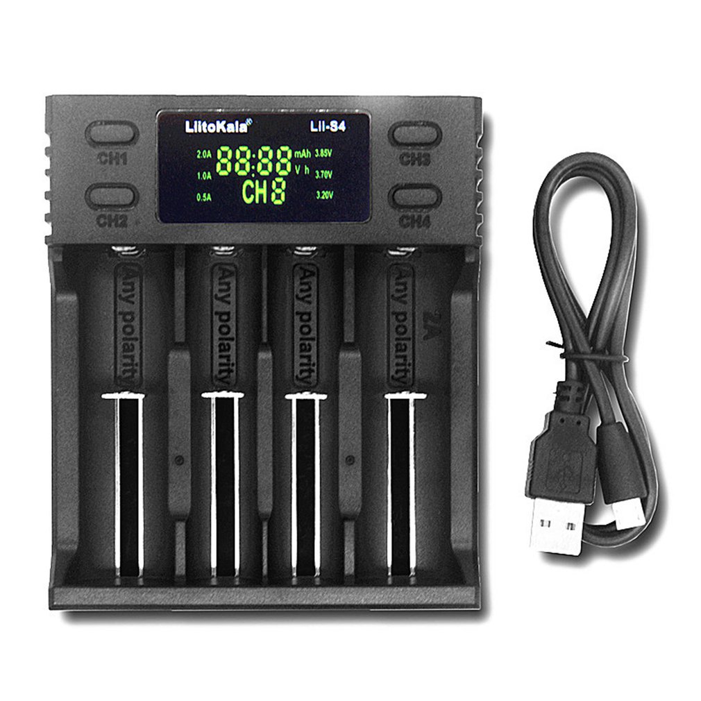 A Liitokala 18650 26650 21700 4 LCD Slots Display NiMH to the ion Battery Charger.