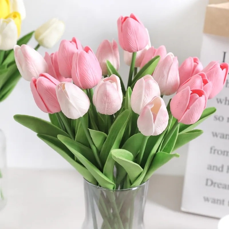 5 Pcs Artificial Tulips Faux Silk Flower Bouquet for Home Party Wedding Decoration 34cm. 