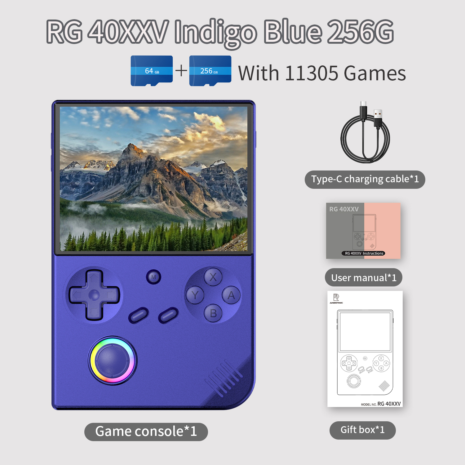 ANBERNIC RG 40XXV Retro Handheld Game Console 4.0 inch 640*480 IPS Screen Linux 64bit System With RGB Light 64G Card 5000+ Games. 