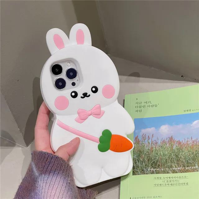 【Pioneer Gong】3D Cartoon Backpack Carrot Rabbit Lovely Bunny Soft Silicone Cover Phone Case For iPhone 11 12 12Pro 12ProMax 13 14 Pro Max Capa. 