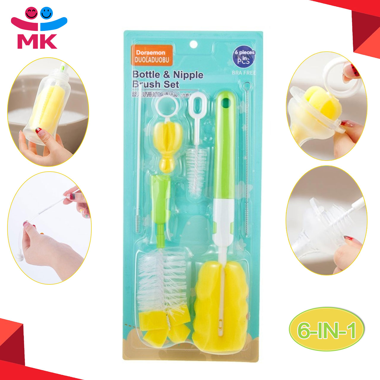 6 in 1 Baby Pacifier Bottle Brush 360-degree Rotating Head Cleaning Sponge Cup Brush Kit Portable Travel Baby Milk Bottle Brush