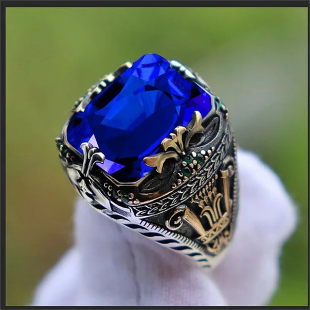 Retro Handmade Turkish Signet Rings for Men Ancient Silver Color Carved Ring Mystic Zircon Inlay New Punk Motor Biker Ring. 
