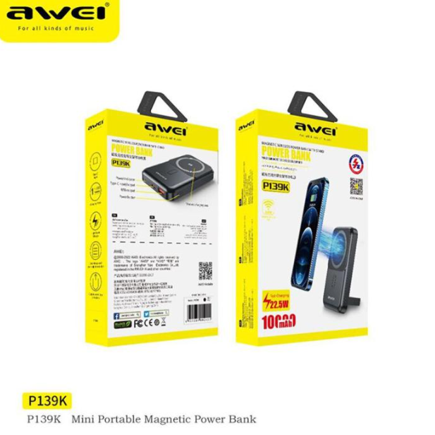 AWEI P139K 10000mAh Fast Charging 22.5W+15W Wireless Magnetic Power Bank With Stand- Time Square
