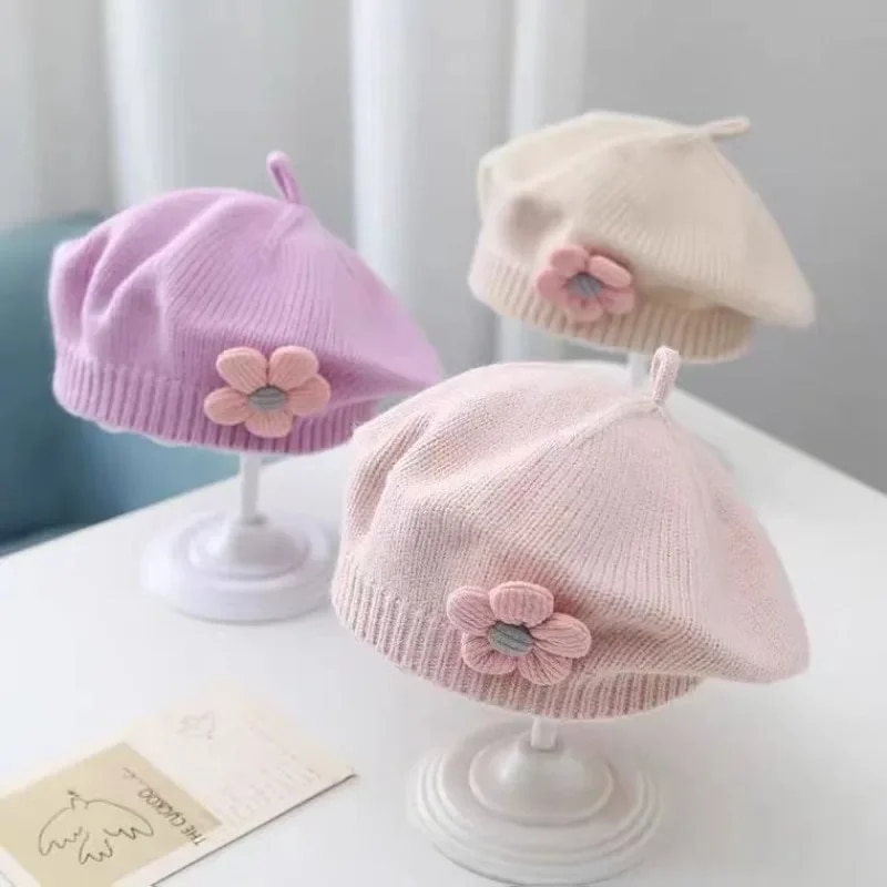 Flower Baby Beret Hat Winter Warm Knitted Beanie Cap for Infant