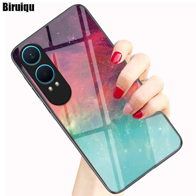 Biruiqu For Oneplus Nord CE 4 Lite / OPPO K12X Shockproof Starry Colorful Tempered Glass Back Soft Silicone Edge Case Cover