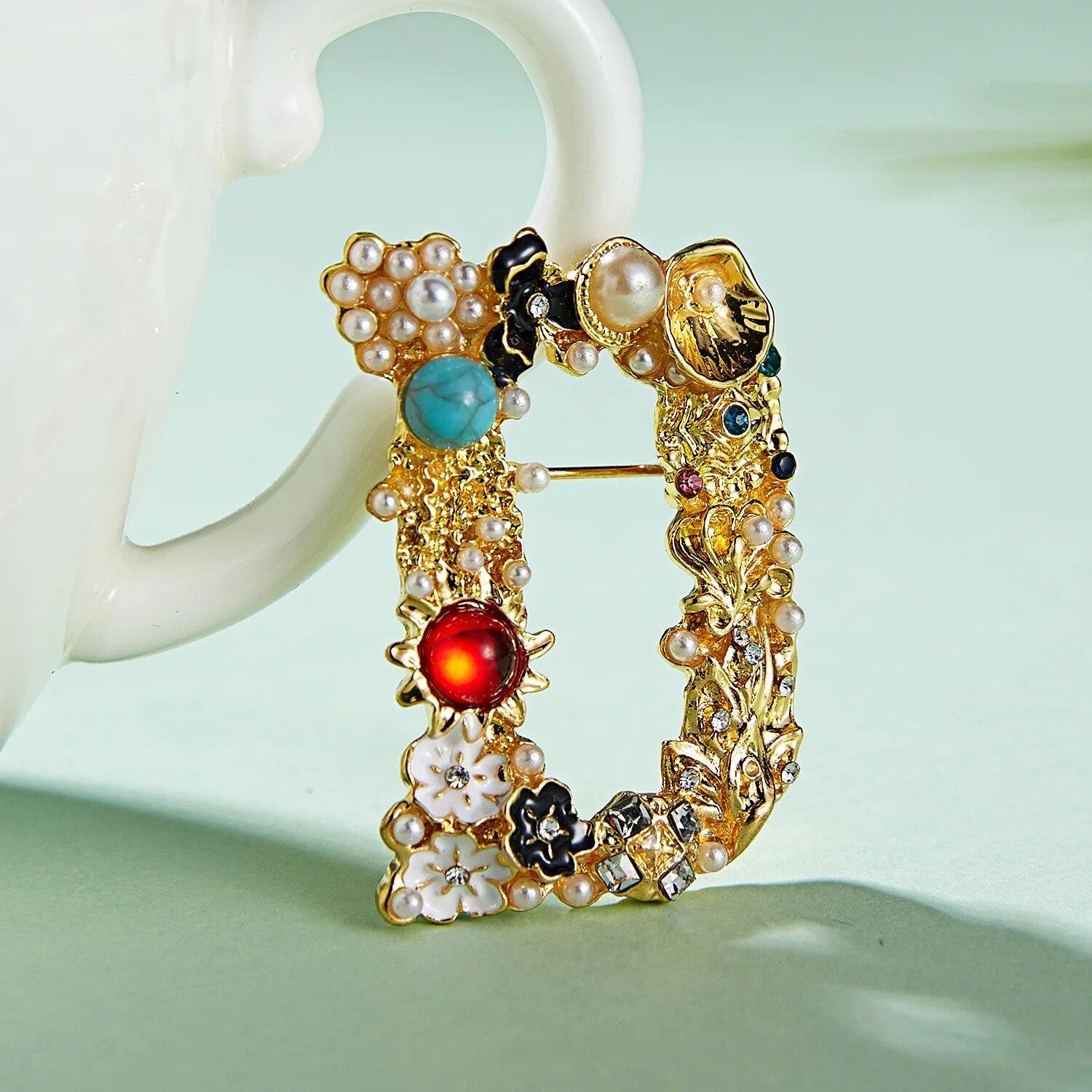 Rinhoo Unique Design Initial Name A D G M S Letters Brooches Women Baroque Imitation Pearl Crystal English Alphabet Pins Jewelry. 