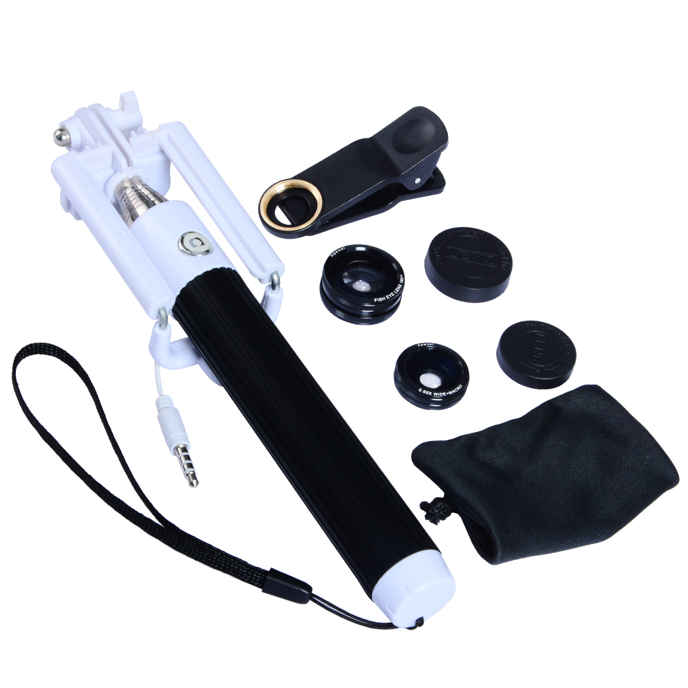 3 In1 Phone Camera Lens Kit Fisheye Wide Angle Macro Telephoto Lens with Selfie Stick Monopod. 