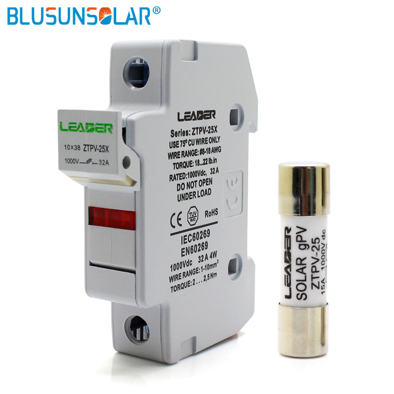 PV Solar Fuse 1000V DC Fusible 10x38mm GPV, LED Fuse Holder for Solar System Protection ZTPV-25X