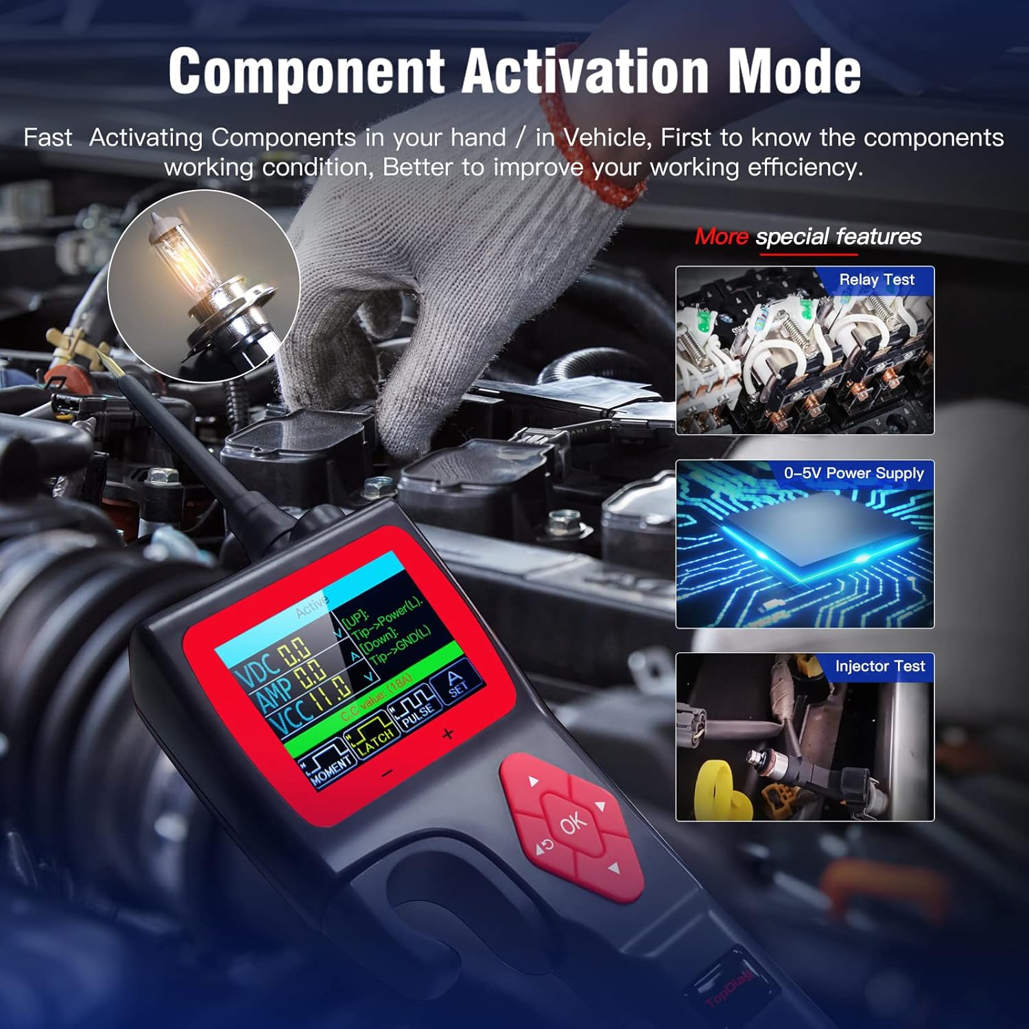 TopDiag P200 Automotive Circuit Tester, (2024 Newest) 9v-30V Power Circuit Probe Kit with 0~5V Power Supply Fuel Injector Relay Mode, Car Electrical System Test Tool AC/DC Digital Voltage Short Finder. 