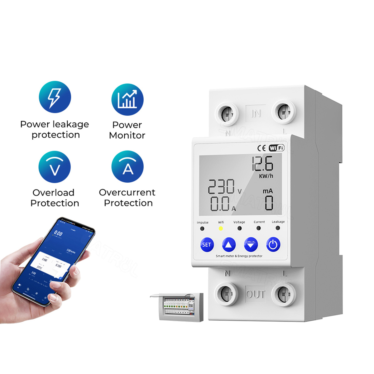 SMATRUL Tuya WIFI Smart Switch 40/63A Energy Meter Kwh Metering Circuit Breaker Timer with voltage current and leakage protection. 