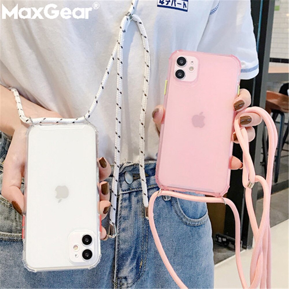 Strap Cord Chain Phone Case For iPhone 12 11 Pro Xs MAX XR 6 7 8 Plus SE Crossbody Necklace Cord Lanyards With Rope Clear Cover. 