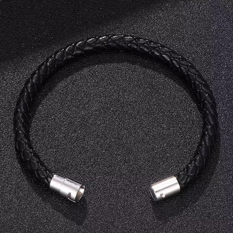 Men Black Leather Charm Wristband Stainless Steel Magnetic Clasp Bracelet. 
