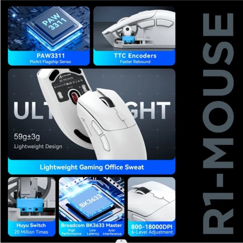 Attack Shark R1 18000dpi Wireless Mouse, 1000Hz, Tri-mode Connection, PAW3311,Macro Gaming Mouse. 