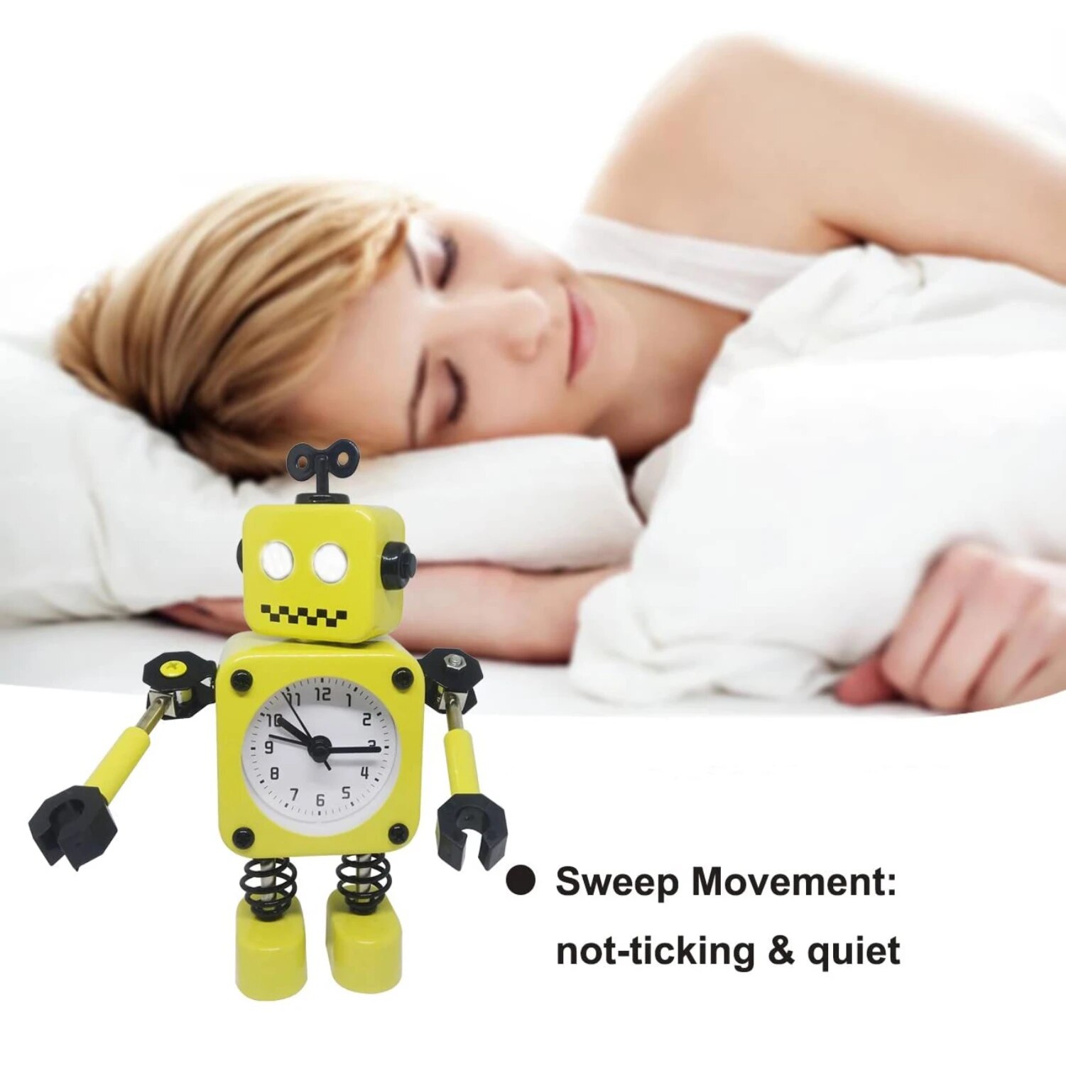 Robot Alarm Clock, Non-Ticking Wake-up Clock with Flashing Eye Lights and Rotating Arm, Gift for Kids, Funny Decoration for Desk. 