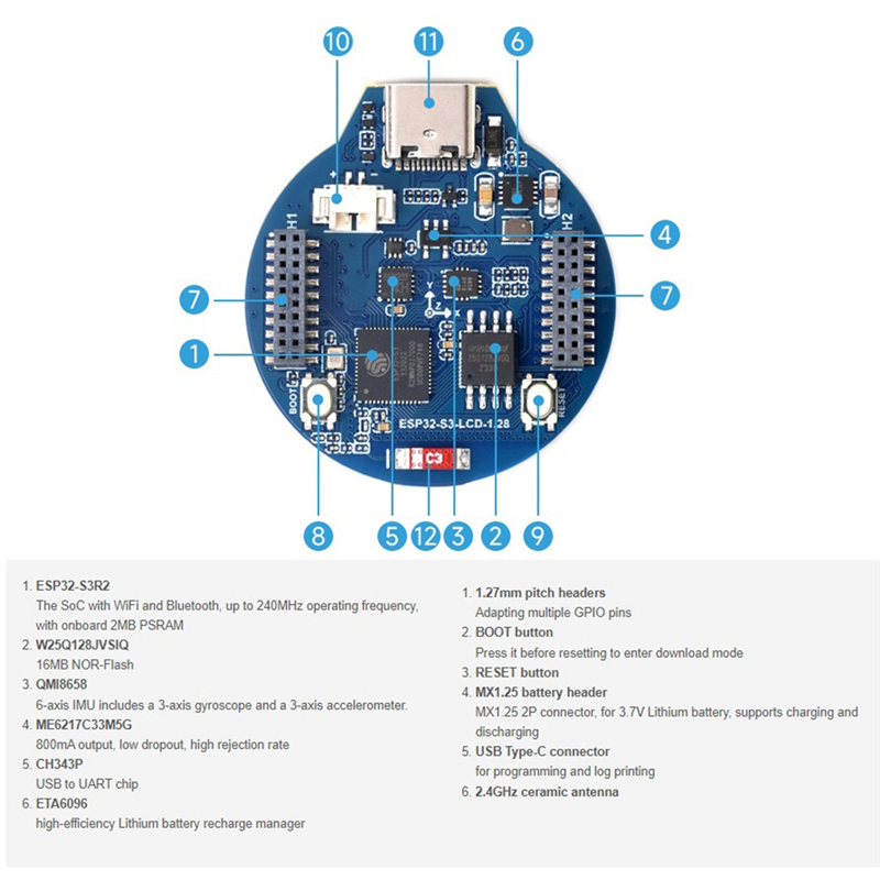 ESP32-S3 Development Board 32-Bit LX7 Dual-Core Processor with 1.28inch IPS Round LCD Display Supports WiFi/Bluetooth. 