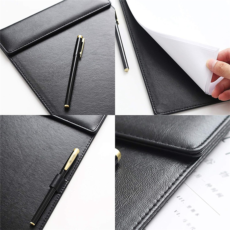 Desktop File PU Leather Folder A4 Meeting Clipboard Office Meeting Board Clip Black Data Binder with Pen Cover 2PCS About 34 X 23.5cm. 