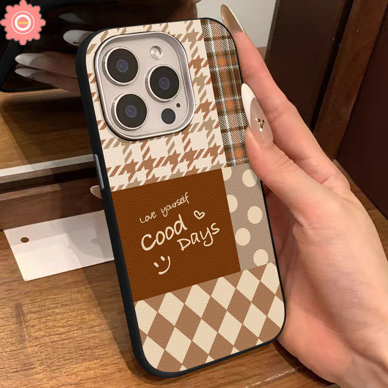 Retro Cute Smiley Lattice Splice Leather Texture Case Compatible for IPhone 15 13 11 16 12 14 Pro Max XR X 15 14 16 Plus XS Max Luxury 2 In 1 Metal Lens Frame Skin Feel Soft Cover