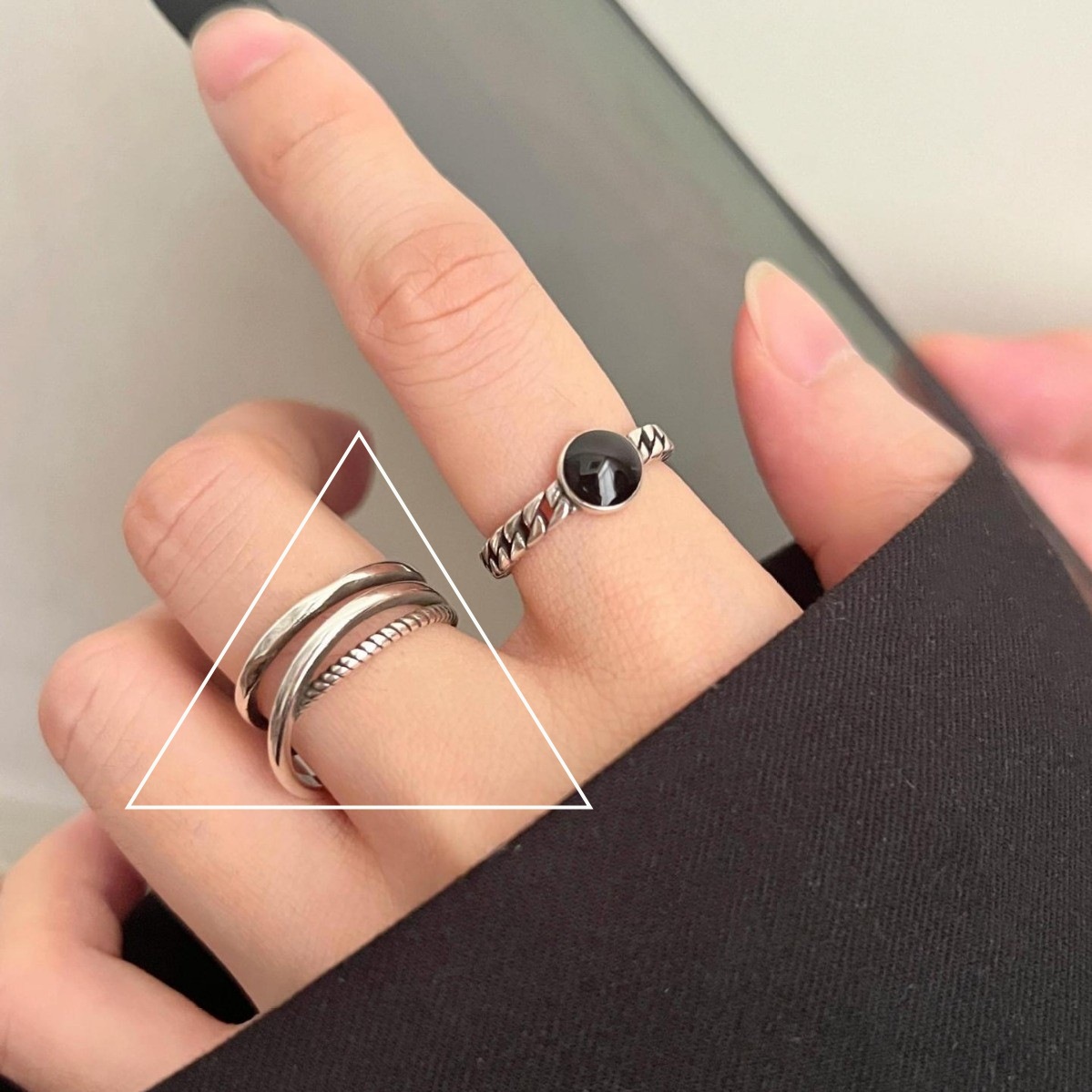 Simple lines cross ring female black drop glaze chain stacked S925 silver open ring ins index finger ring tide. 