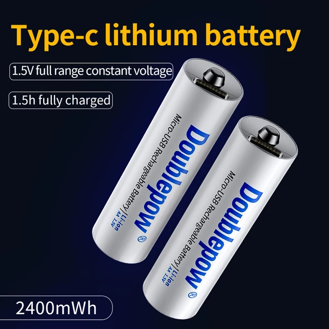 Doublepow Multipurpose Uses AA Size 1.5Volt 2400mWh Rechargeable Li-ion Battery with Built-in USB Type-C Fast Charging Port & LED Indicator (Point Top) - 1 Piece. 