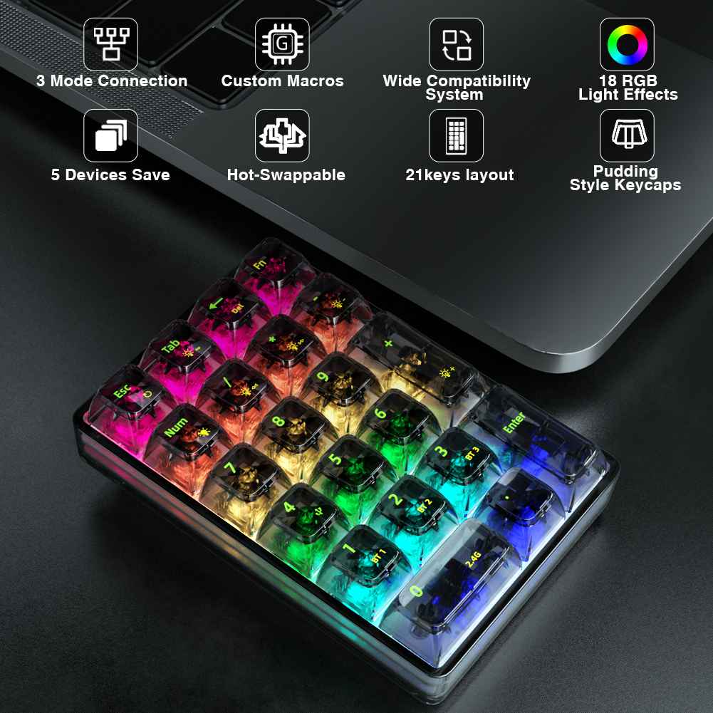 LEOBOG K21 Number Pad Bluetooth Mechanical Numeric Keyboard RGB 21Keys Transparent Photoshop Accounting Numpad Gaming Keyboard. 