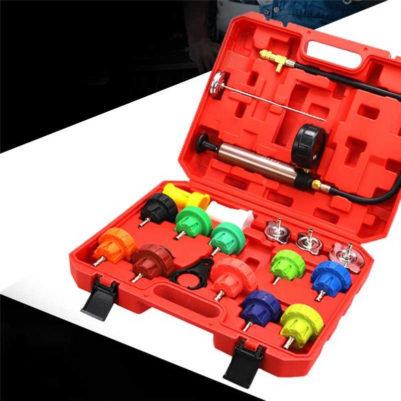 18Pcs Radiator Pressure Leakage Tester Tool Kit, Cooling System Water Tank Leak Test Detector Set with Hand Pump. 