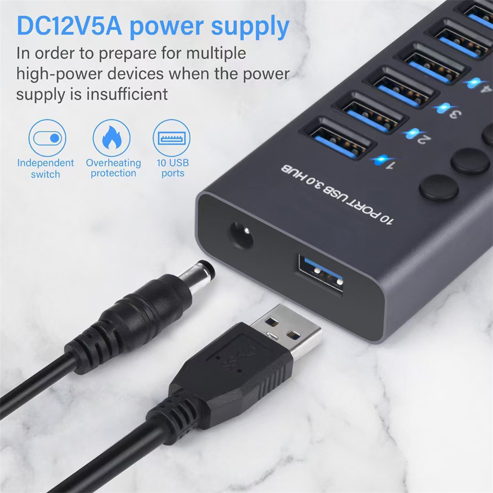 USB 3.0 Hub Socket Switch 10 Port Concentrator Multi-tap Multi-ports Docking Station Charger Multiple Power Supply Multicontacto. 