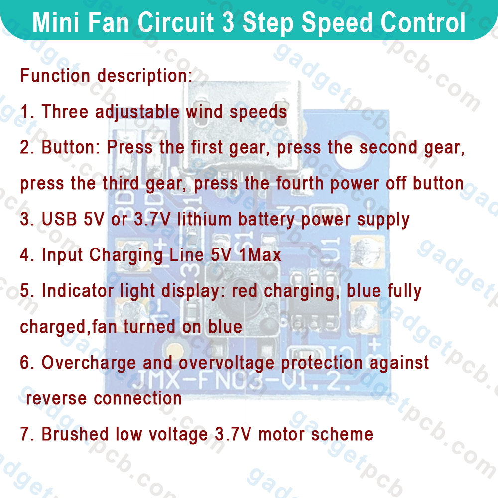 Mini Rechargeable Fan Circuit 3 Step Fan Speed Control & LED Light Controler Replacement Parts for Battery 3.7V 4.2V Mini Rechargeable Fan. 