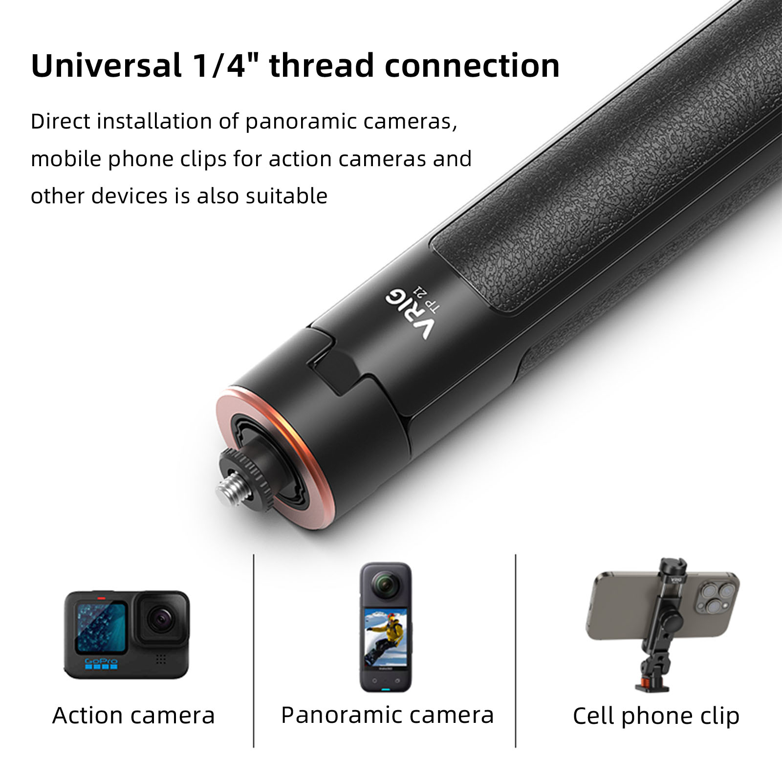 VRIG TP-21 Extendable Selfie Stick Tripod for GoPro Max Hero 10 9 8 7 6 5 4, DJI Osmo Action, Insta 360 One R and More Action Camera（55.1''）. 