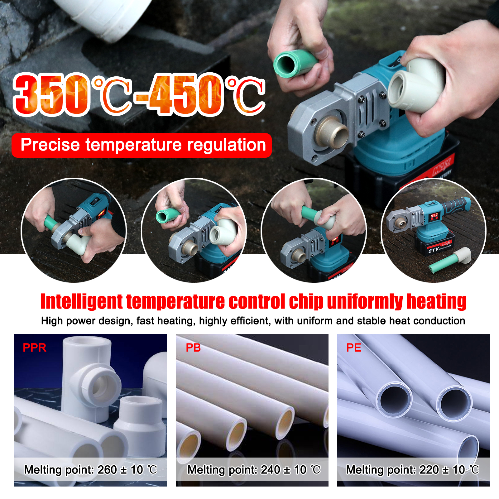 PPR Pipe Welding Machine Cordless Water Pipes Melting Device With 20/25/30mm Replacement Heads Fuse Machine for Makita Battery. 