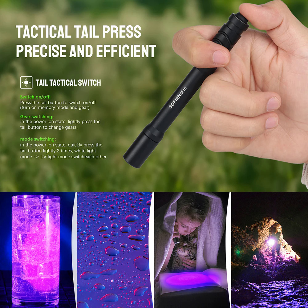 Sofirn sf15 300lm UV LED flashlight rechargeable AAA powerful pen flashlights durable led waterproof IP68 lightweight portable. 