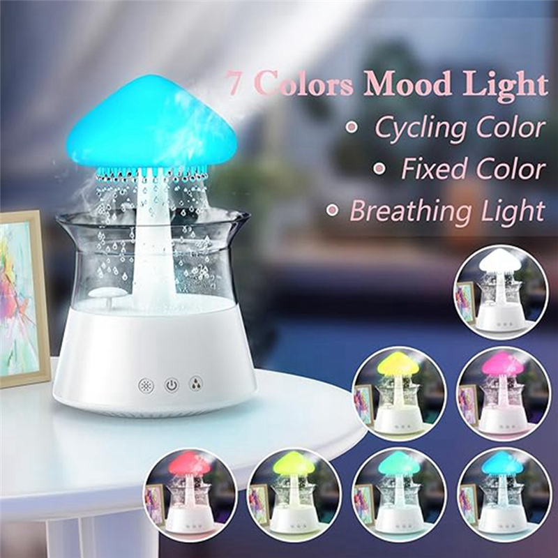Rain Cloud Humidifier Diffuser with Remote,Water Drip Waterfall Lamp Mushroom Rain Sounds White Noise Air Humidifiers Easy Install Easy to Use. 