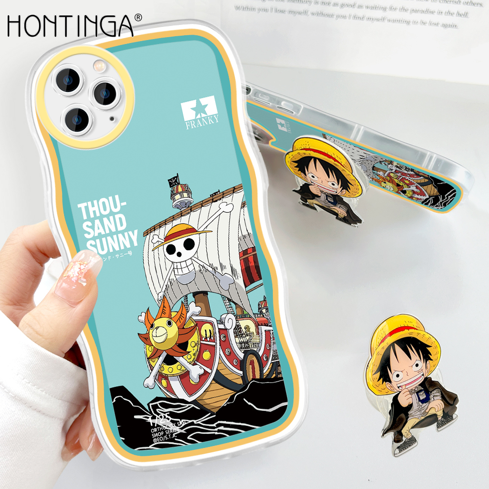 Hontinga for iPhone 11 Pro Max Back Cover + Free Holder Cool Luffy Soft Wavy Phone Case Camera Protection Transparent TPUCover