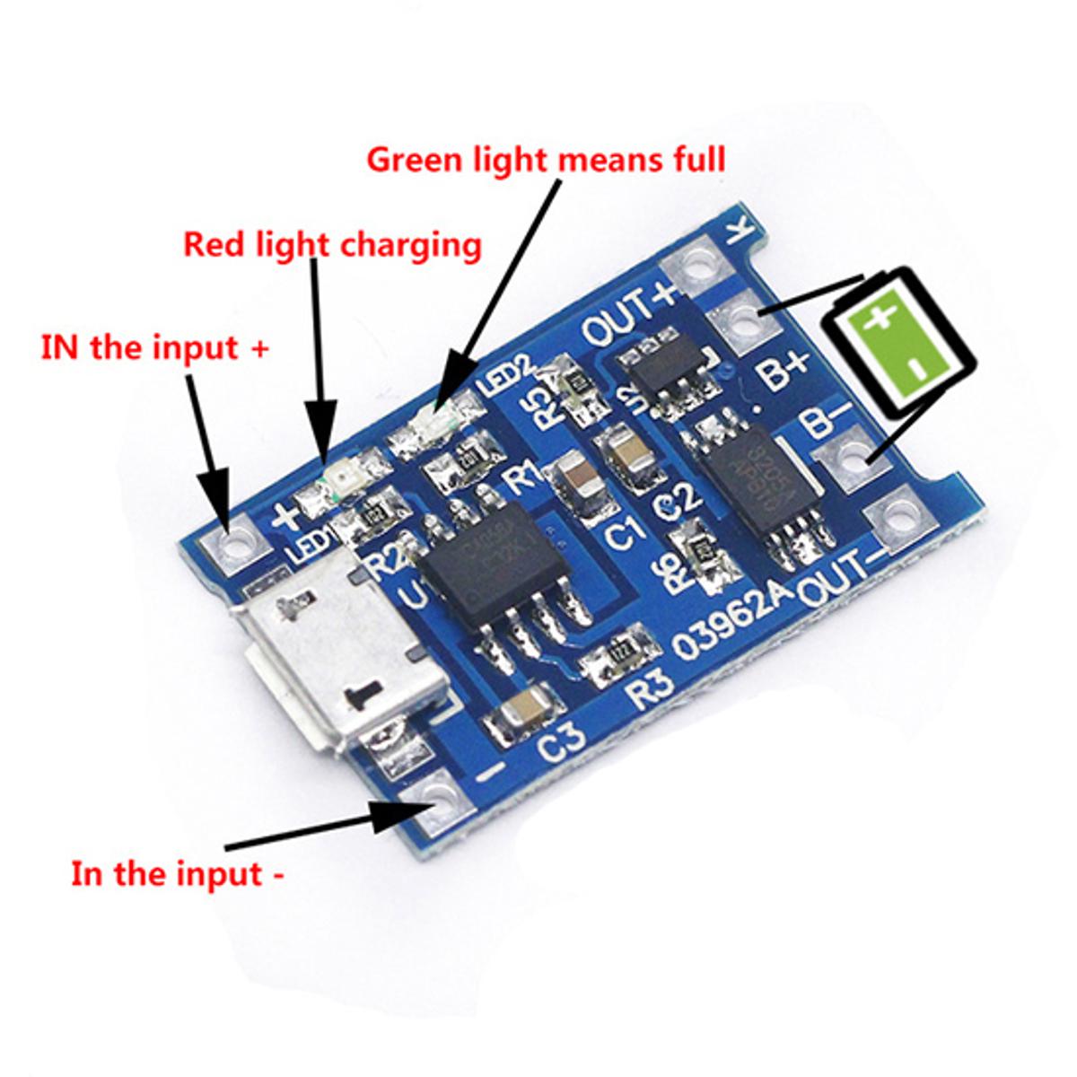 5V 1A Micro USB 18650 Lithium Battery Charging Board Charger Module - Equipped with Protection Dual Functions TP4056 - Safe Charging Option