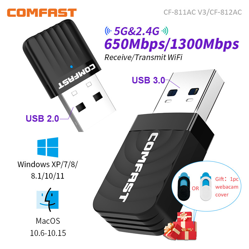 Comfast 650M/1300Mbps WiFi Adapter 2.4G 5.8G Wireless Network Card 11AC WiFi USB Adaptador Laptop PC Wifi Receiver Win 7 8 10 11