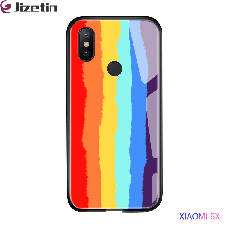Jizetin for Xiaomi 6X / Xiaomi Mi A2 Glass Back Cover Luxury Rainbow For Girls Boys Glossy Tempered Glass Shockproof Soft Edge Phone Cases