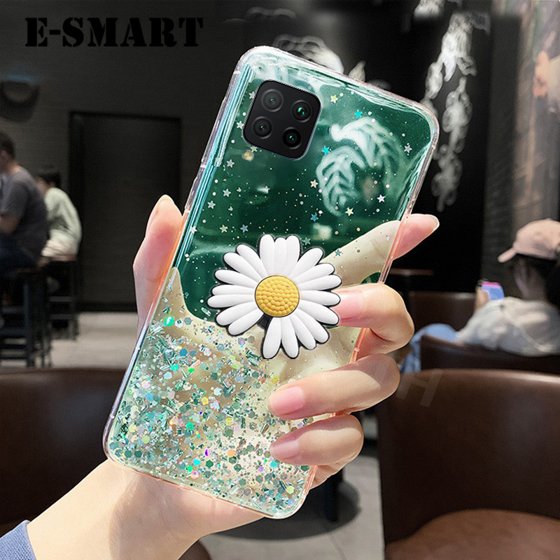 For Samsung Galaxy M22 4G Case Transparent Bling Glitter Back Cover Soft Clear Shining Sequin Back Cover with Daisy Flowers Folding Samsung M22 4G Case