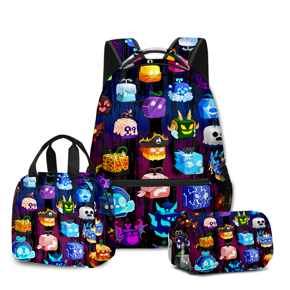 3D new ROBLOX game blox fruits schoolbag backpack for primary and secondary school students lunch bag pencil case three-piece set
