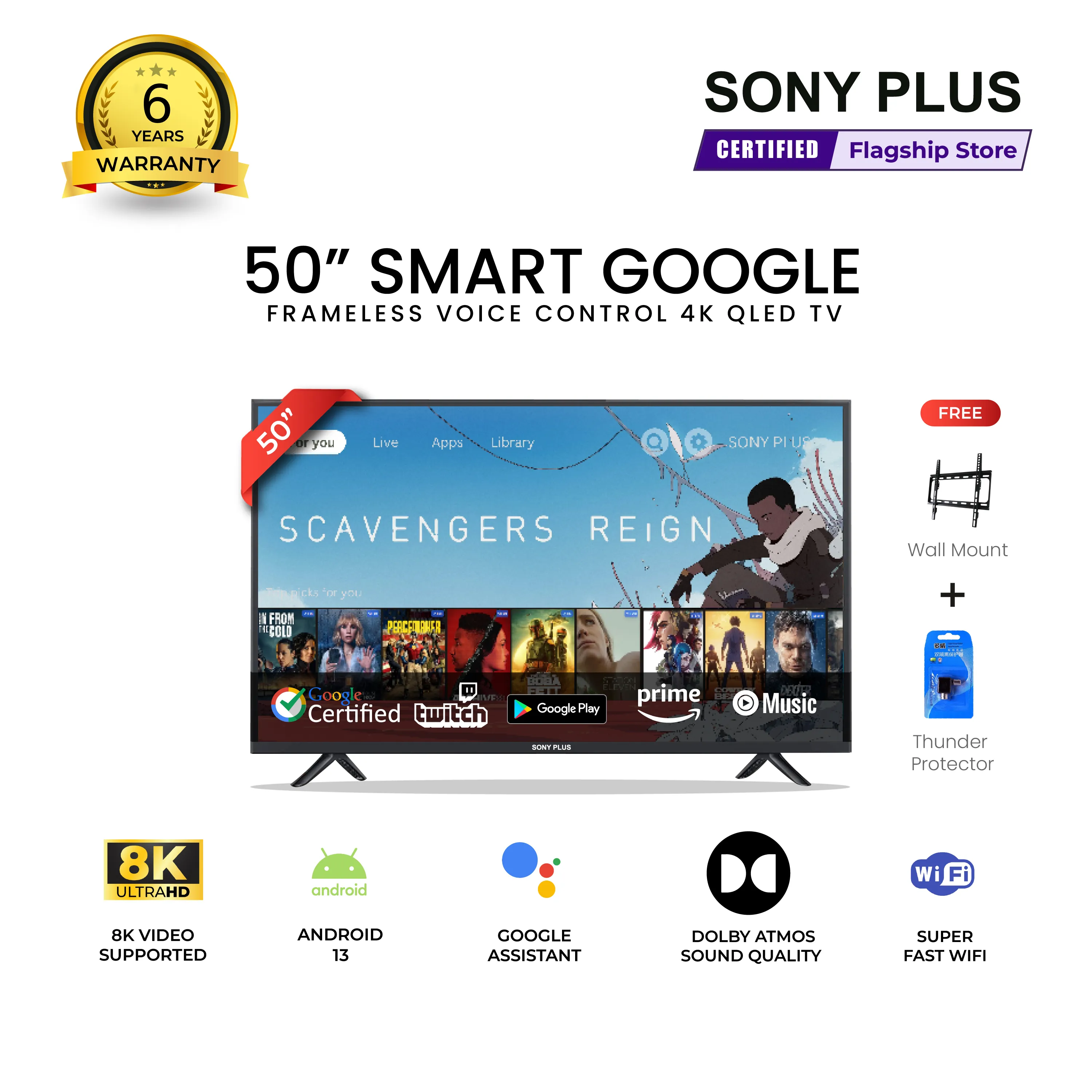 Sony Plus 50 inch Frameless Voice Control Google QLED TV Wi-Fi UHD 8K Supported Google Television
